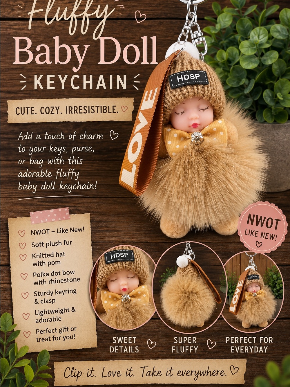 Fluffy Sleeping Baby Doll Keychain: Brown Plush Pom Pom with Bow